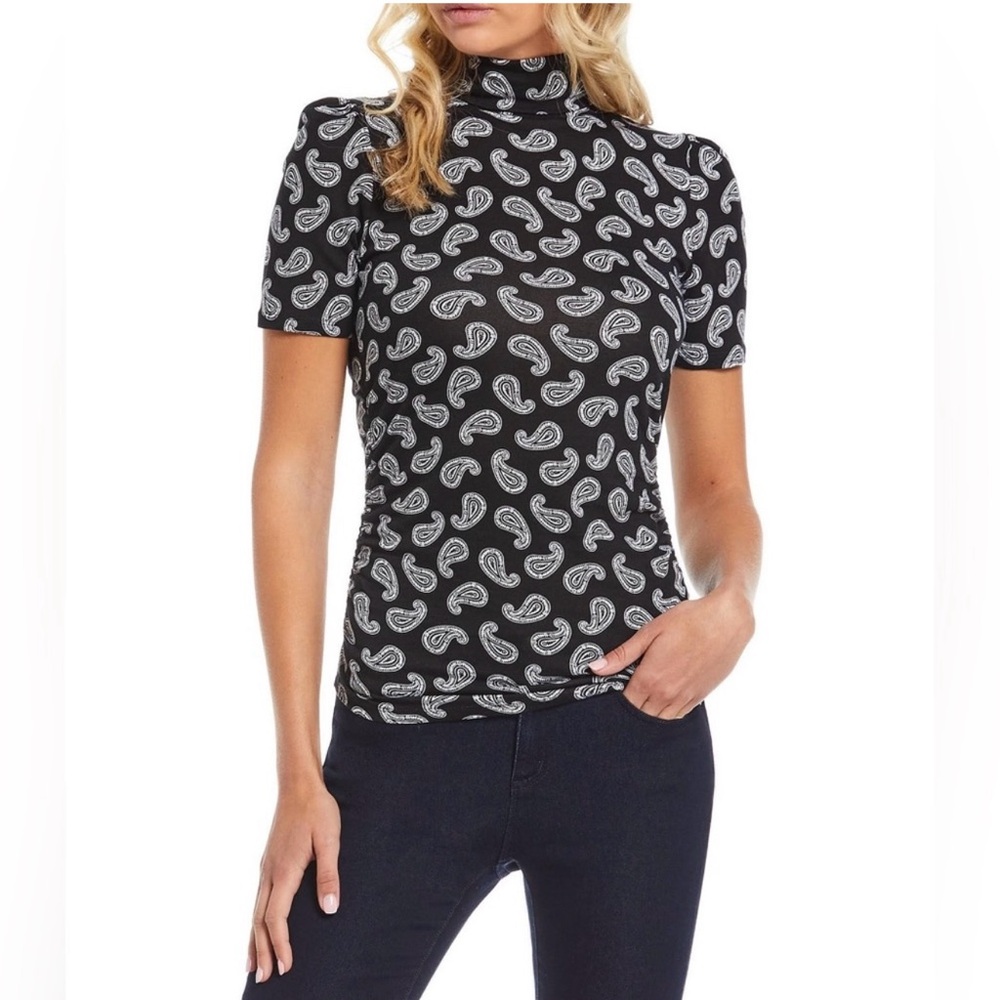 Michael Kors Black Paisley Short Sleeve Turtleneck Top